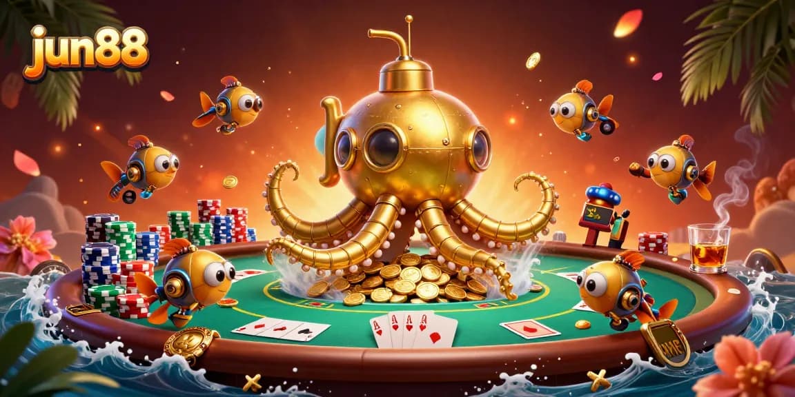 Win big at jun88 with an exciting illustration featuring a golden kraken and poker elements.
