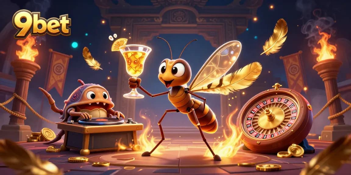 Engage with vibrant 9bet casino illustration, featuring dynamic characters and rich gaming elements.