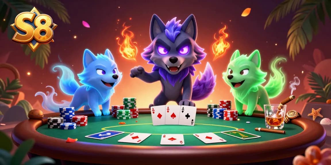 S8 showcases a thrilling casino scene with luminous wolves and poker elements, inviting gamers to play.