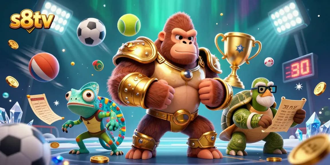 Bet on s8tv with a dynamic scene featuring a gorilla king and gambling elements