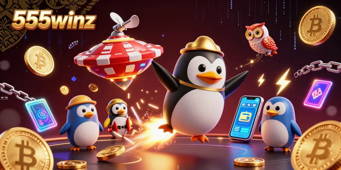 Win big with 555winz in this vibrant casino-themed scene featuring gold coins and crypto elements.