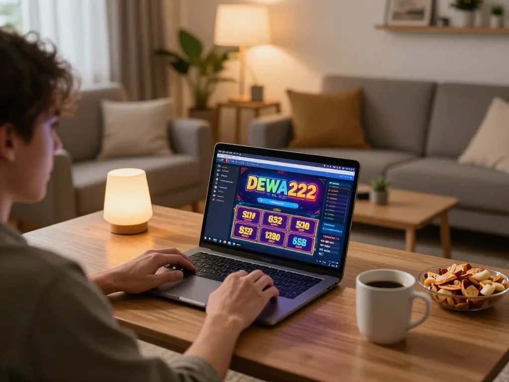 Player enjoying slots on DEWA222 in a cozy home setting, engaging in online gambling.