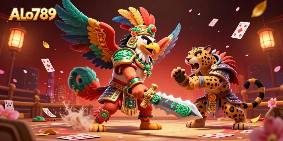 Engage in thrilling cockfighting action with ALo789's vibrant, dynamic arena featuring warriors and game elements.
