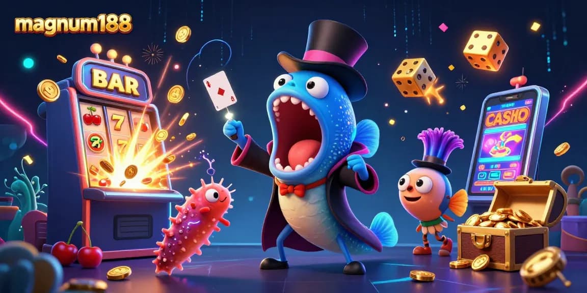 Win big with magnum188 themed 3D casino illustration showcasing fun characters and vibrant jackpot elements.
