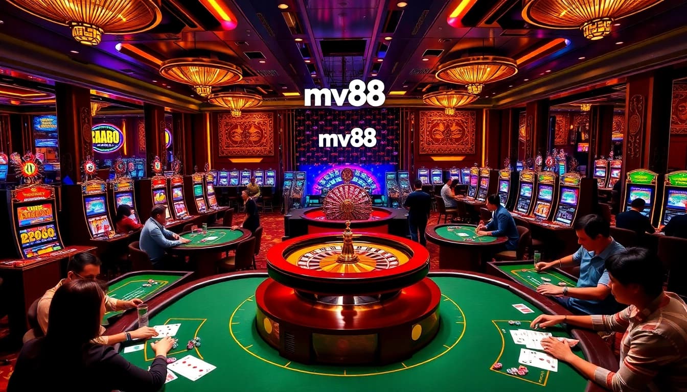 Exciting gaming atmosphere at mv88 casino with vibrant tables and spinning roulette wheel.