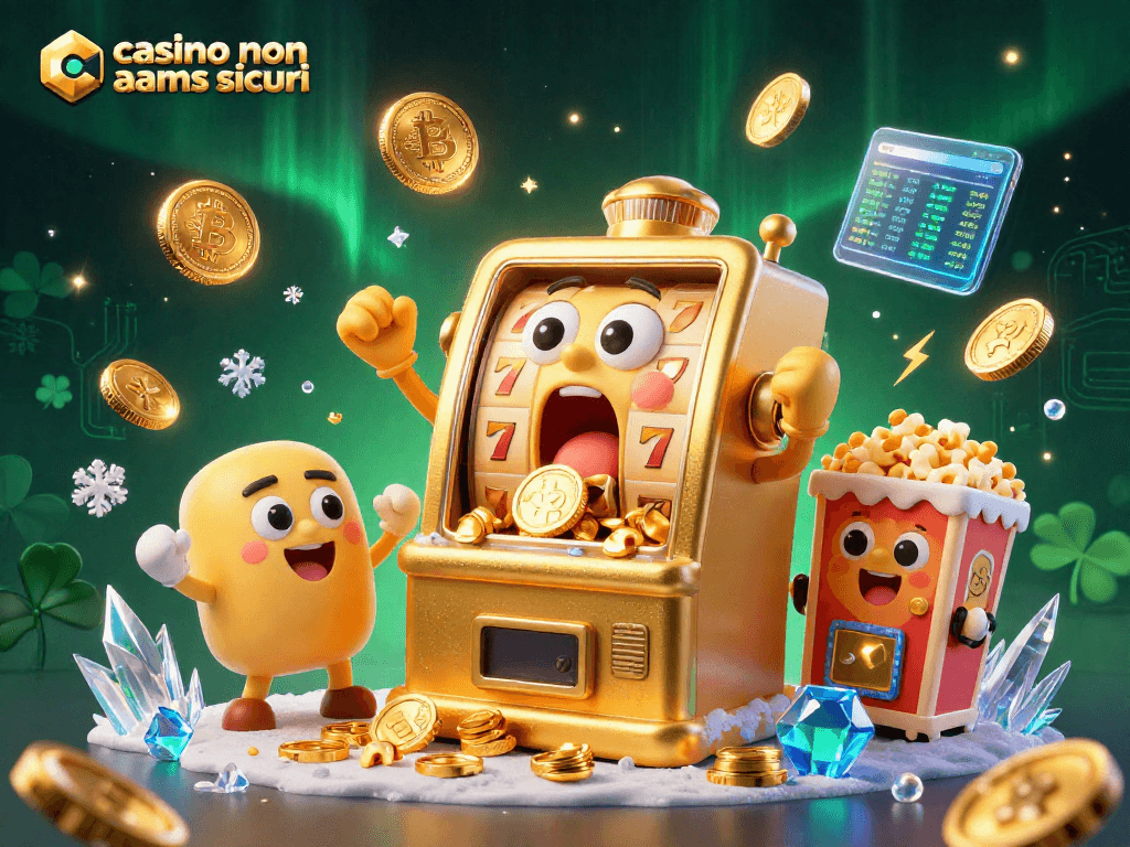 Slot machine che vince nel casino non aams sicuri, rilasciando monete d'oro e festeggiando.