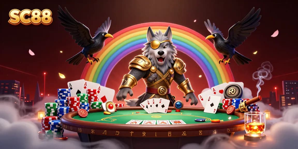 Experience thrilling SC88 casino action with Odin and his ravens amidst vibrant gaming elements.