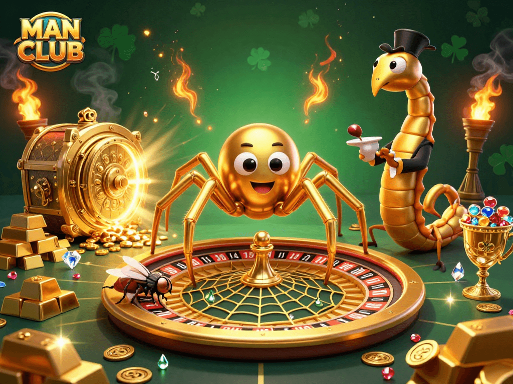 Experience thrilling bets at MAN CLUB with golden spider & roulette wheel in vibrant 3D scene.