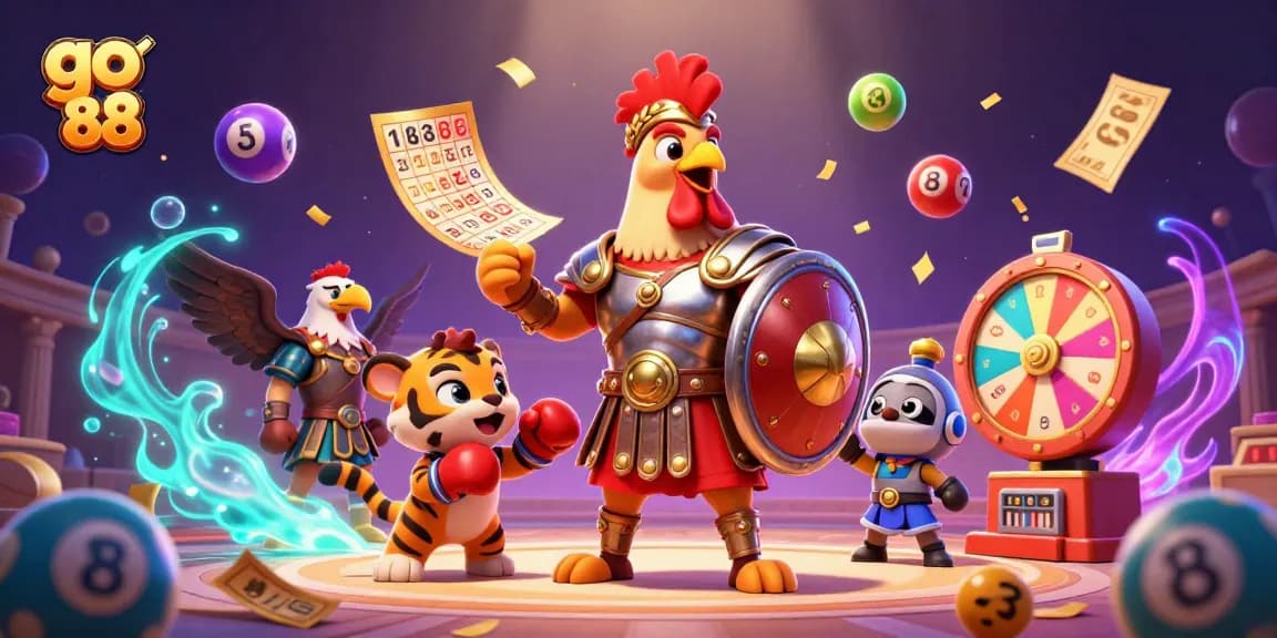 Experience the thrilling action of go 88 as colorful lottery balls bounce amidst gladiator rooster and sparring tiger cub.