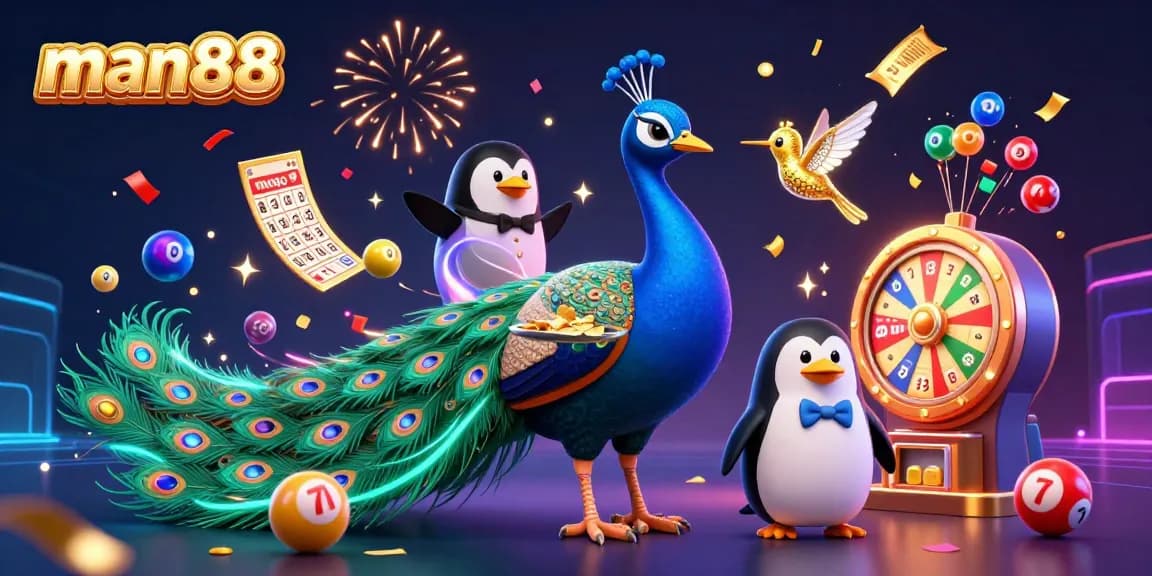 Experience thrilling fun with man88 as colorful lottery elements shine around a vibrant casino scene.