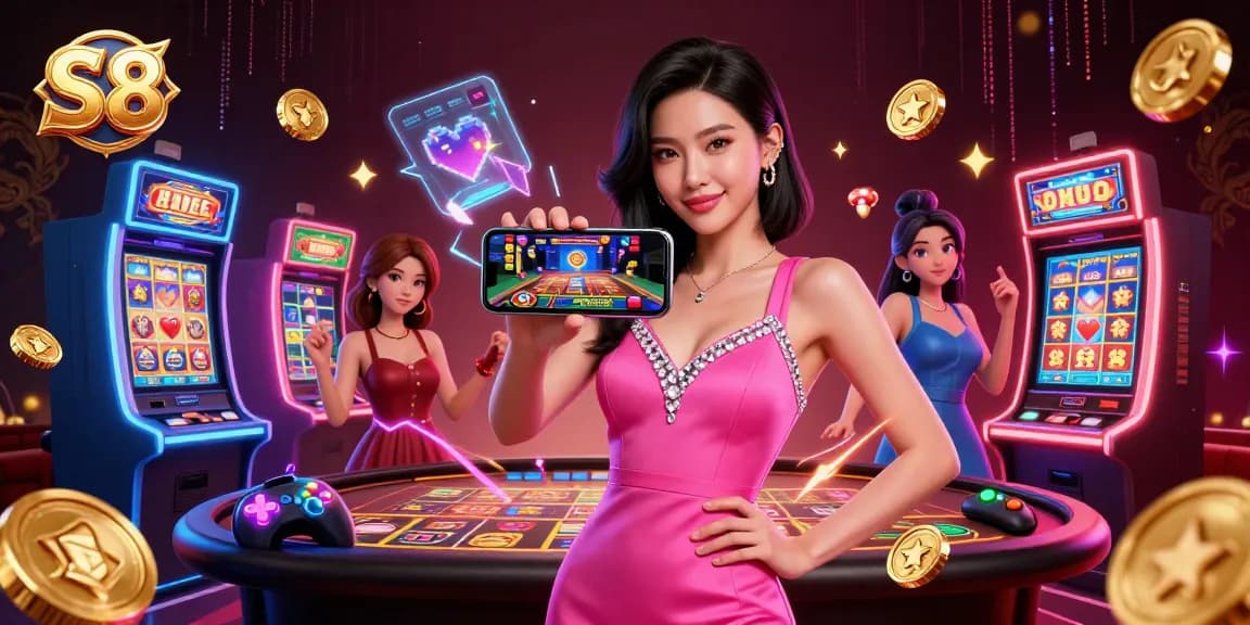 S8 casino scene of an Asian woman playing a live dealer game on her smartphone amidst slot machines and glowing elements.