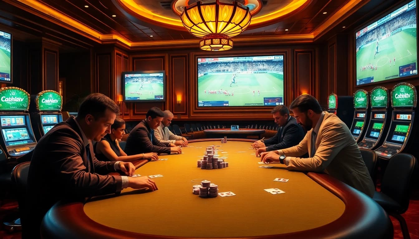 Cakhiatv streaming thrilling moments at a luxurious poker game, highlighting excitement and anticipation.