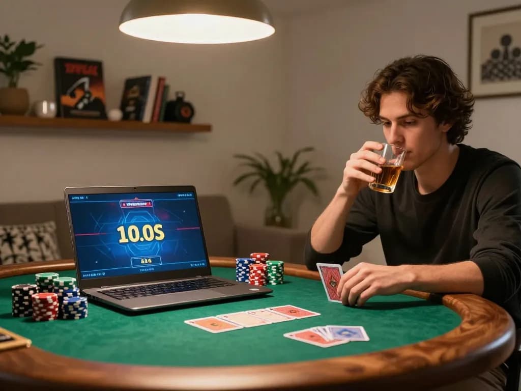 Pemain yang terlibat dalam poker online di idn777, menganalisis kartu dengan chip berwarna-warni yang ditumpuk di meja yang stylish.