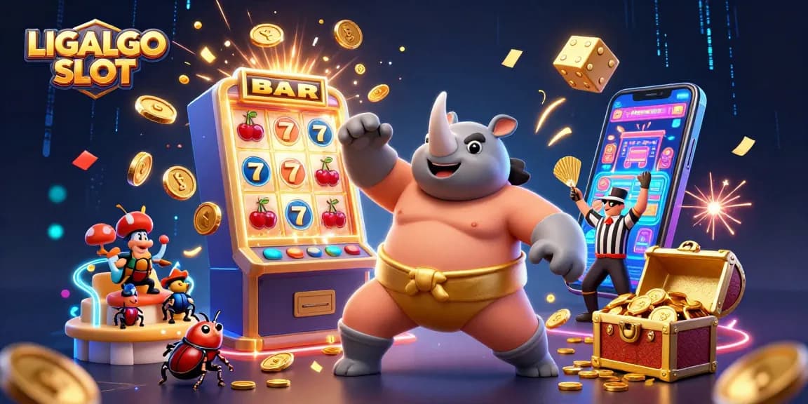 LIGALGO SLOT showcases thrilling gameplay with a beetle champion amidst jackpots and vibrant casino elements.