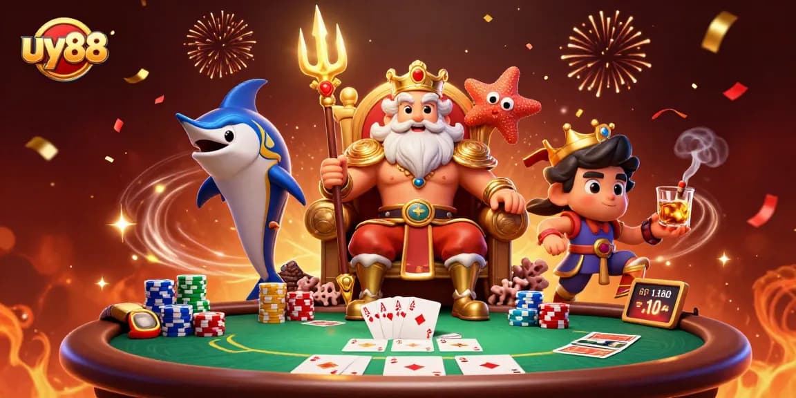 Experience the allure of uy88 with Neptune and his underwater casino in this vibrant 3D illustration.