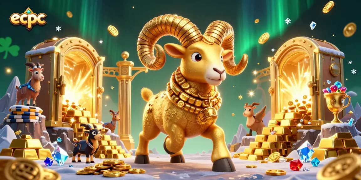 Spin to win at ecpc with a dynamic scene of a golden ram charging through treasures at an online casino.
