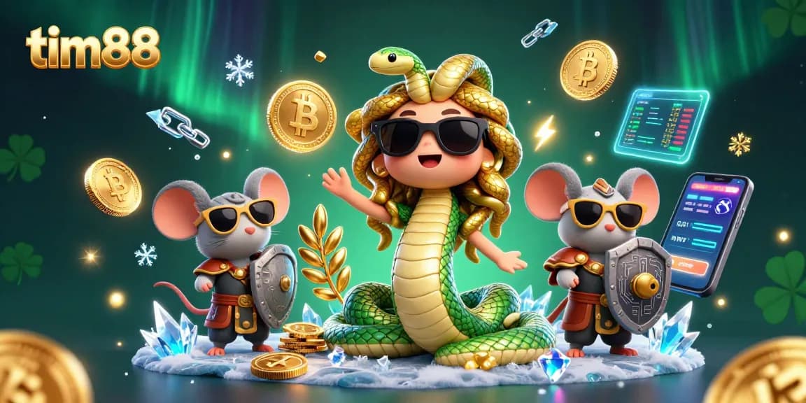 tim88 players enjoy a vibrant online casino experience with glowing crypto elements and mythical characters.