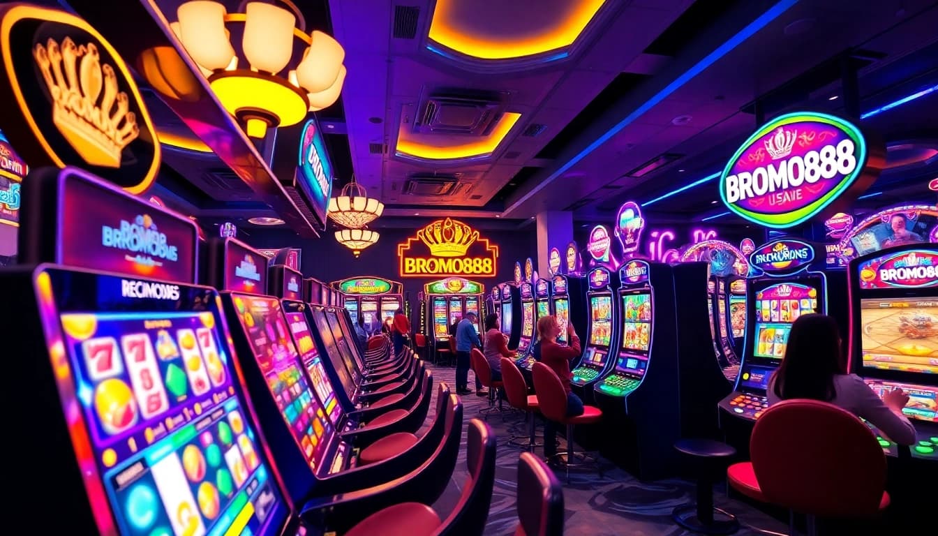 BROMO888 engaging online gaming experience with vibrant slot machines and digital interfaces