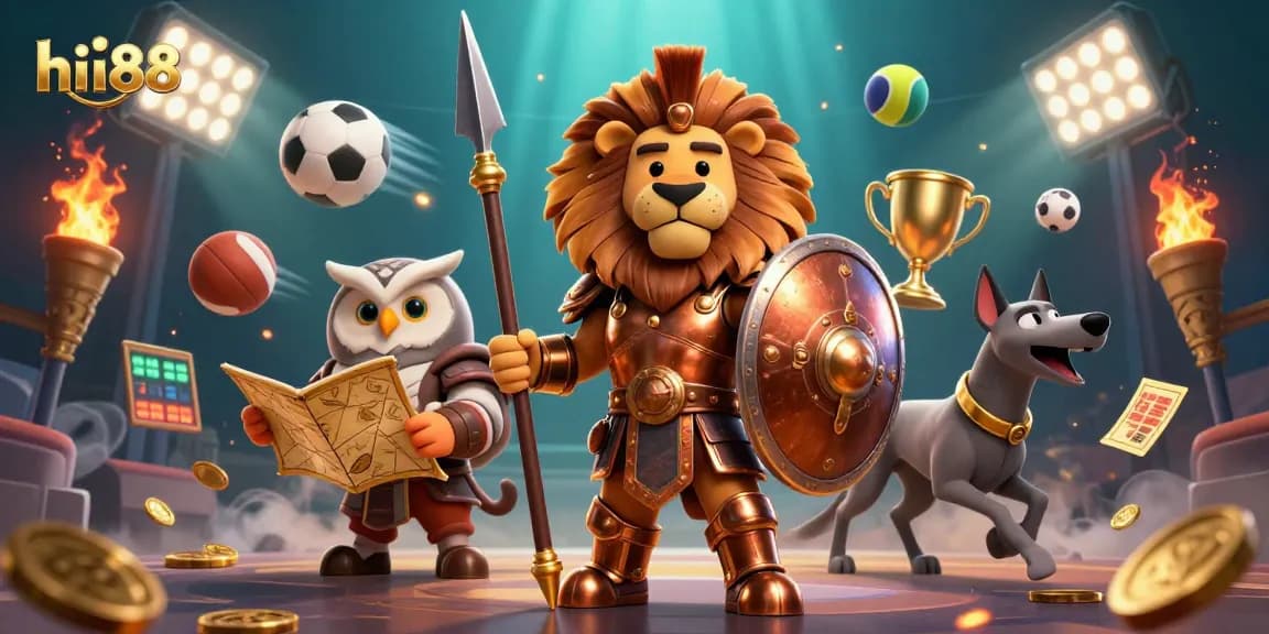 Experience exciting gaming at hii88 with a dynamic scene showcasing sports betting and casino characters.
