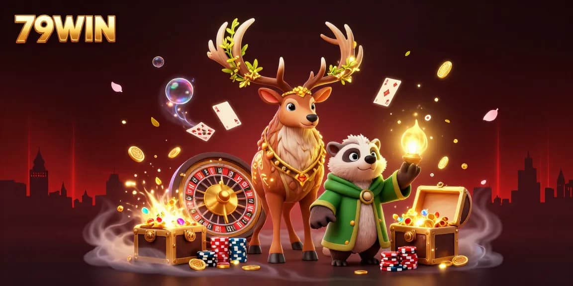 Experience the thrill of gaming at 79WIN with an engaging illustration of a druid stag amidst casino elements.