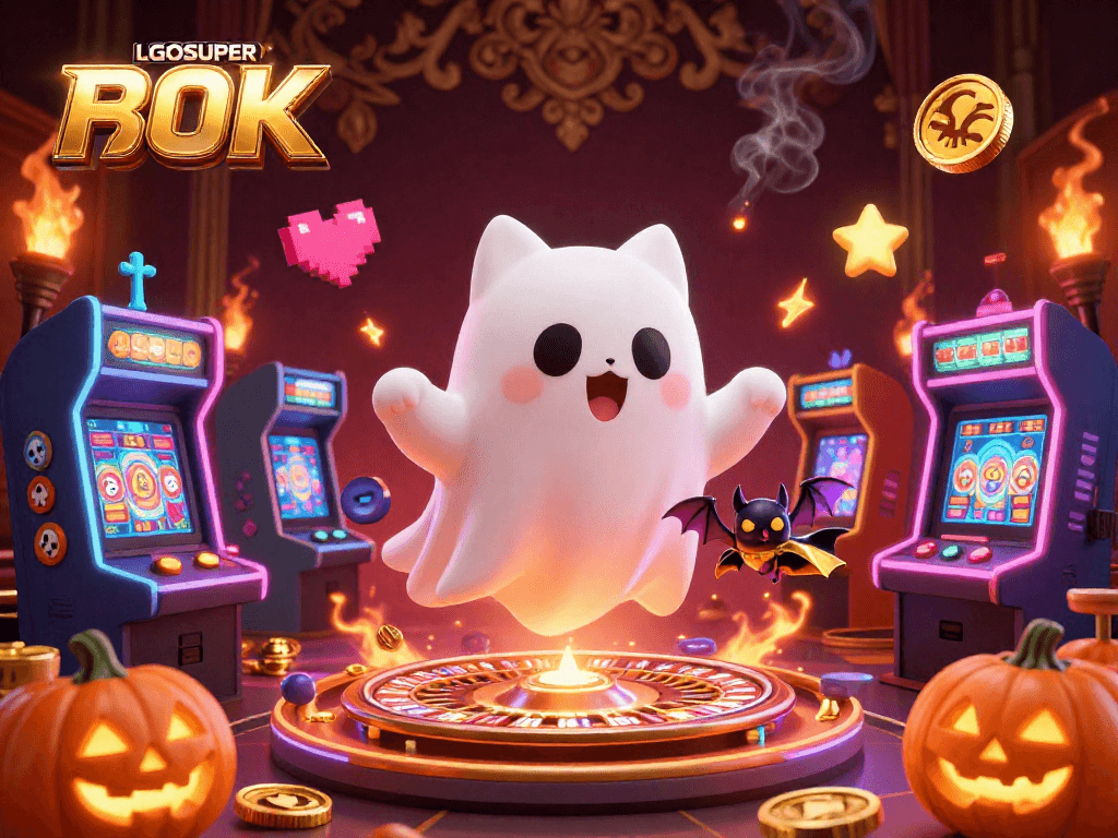 Experience thrilling gaming adventures at LGOSUPER with a playful ghost cat and vibrant casino elements.