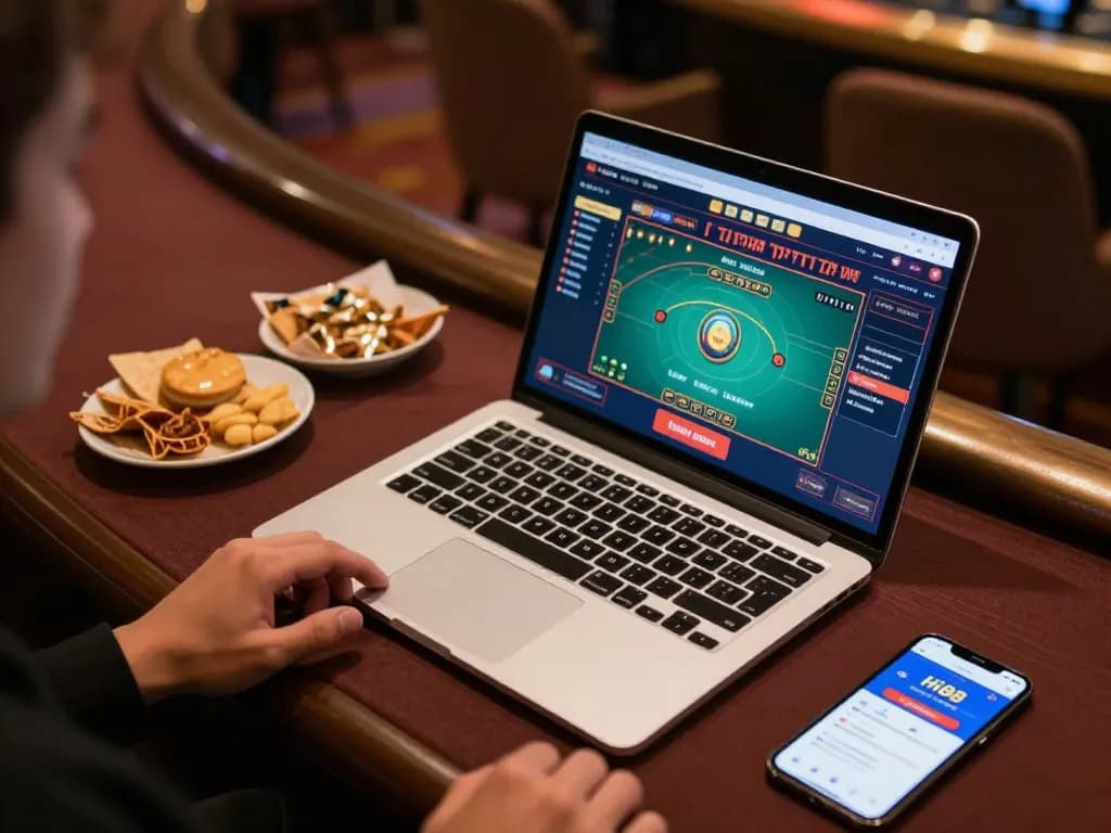 Engaging scene of a player exploring Hi88's online casino interface on laptop.
