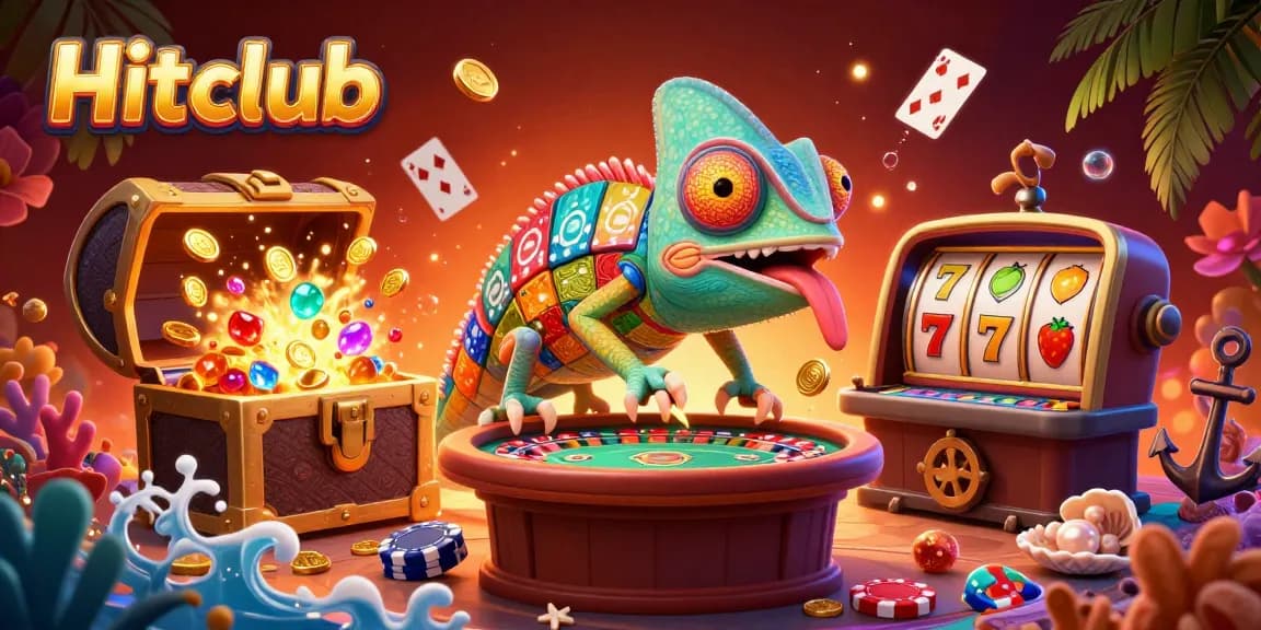 Experience gaming thrill at Hitclub with colossal chameleon casino owner and vibrant slot reels.