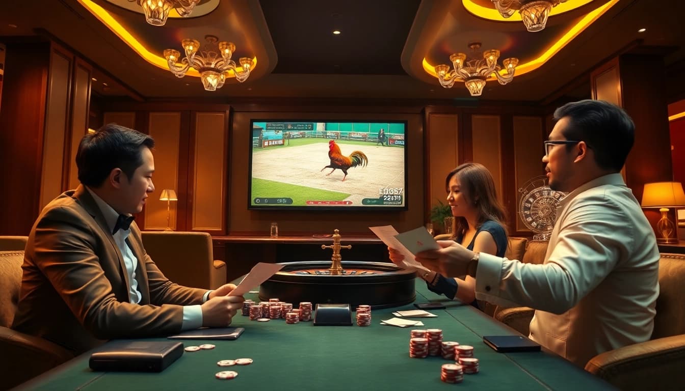 Engaged players experiencing the excitement of Đá gà E2BET at a luxurious casino.