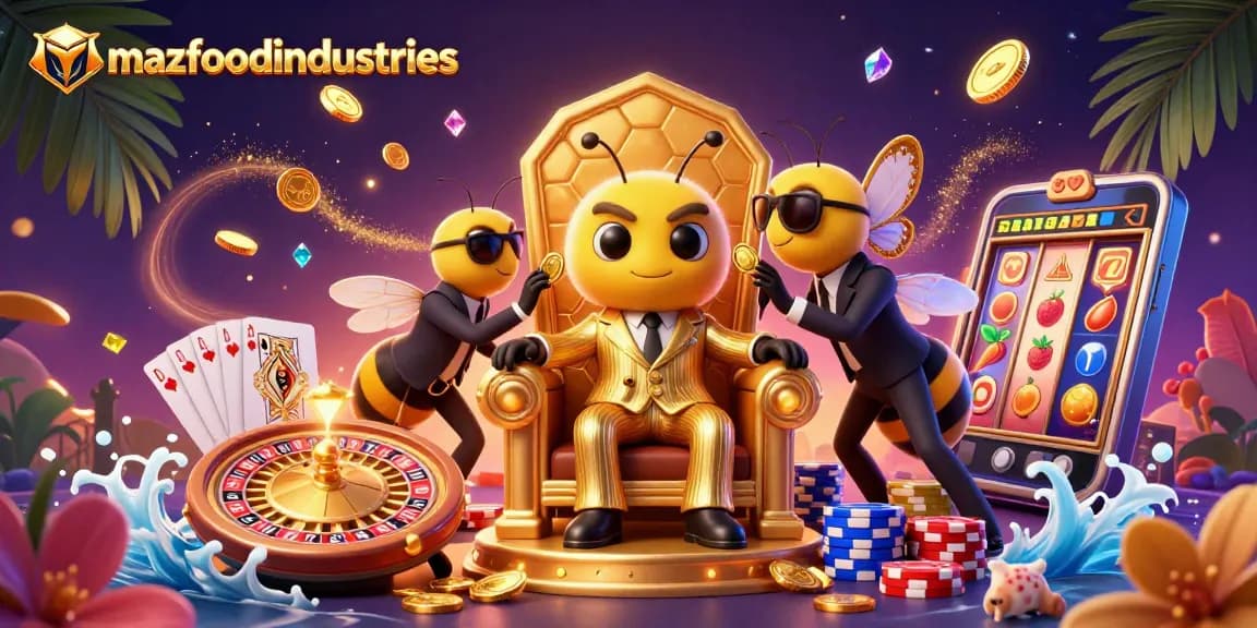 An engaging gambling scene showcasing mazfoodindustries with a buzzing bumblebee mob boss amidst cascading coins and slot machine reels.