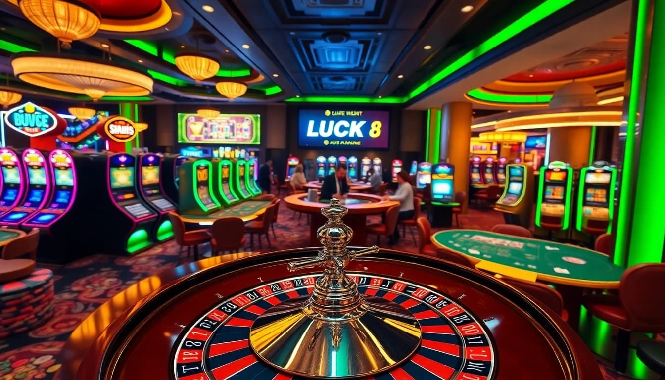 LUCK 8 casino featuring a roulette wheel and vibrant slot machines in a luxurious setting.