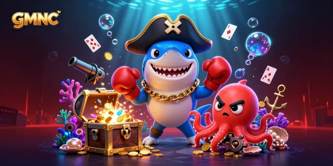 Engage with gmnc's dynamic underwater gambling scene featuring a shark captain, pufferfish boxer, and coin-holding octopus.