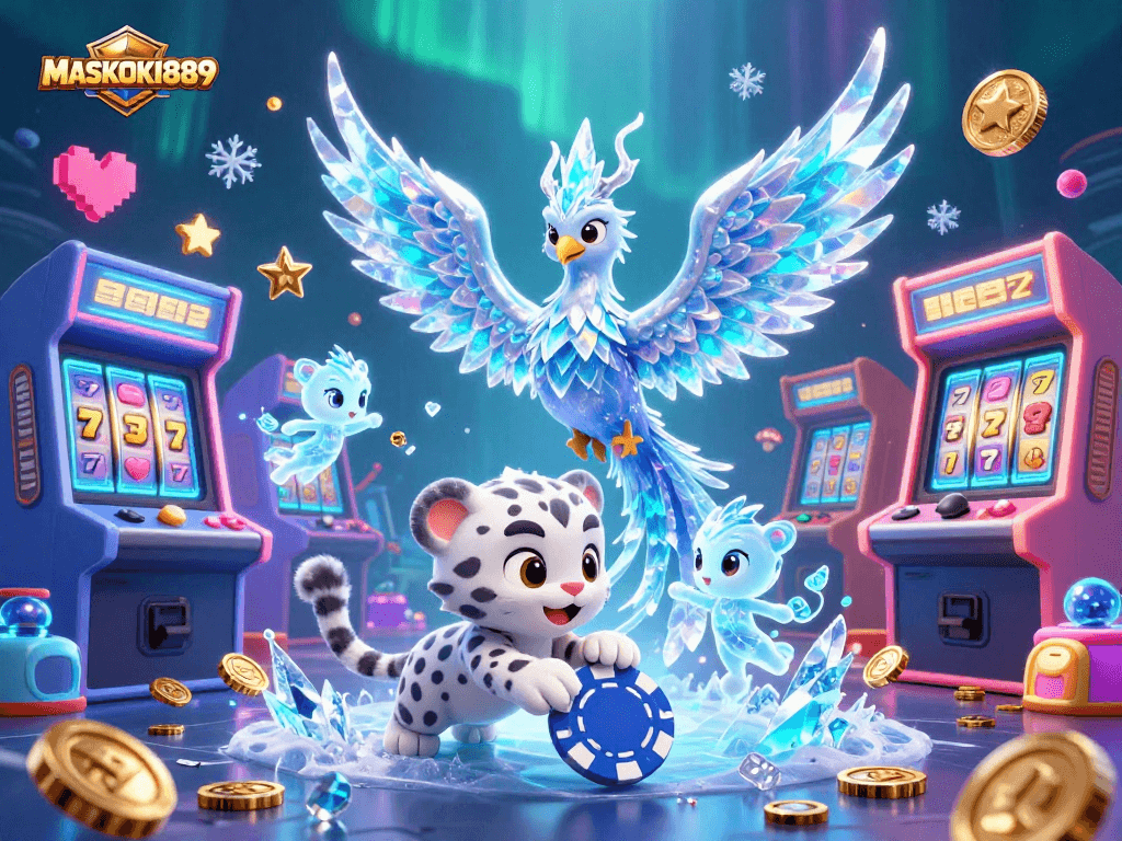 Experience the excitement at MASKOKI889 with a vibrant 3D casino scene featuring animated characters and games.