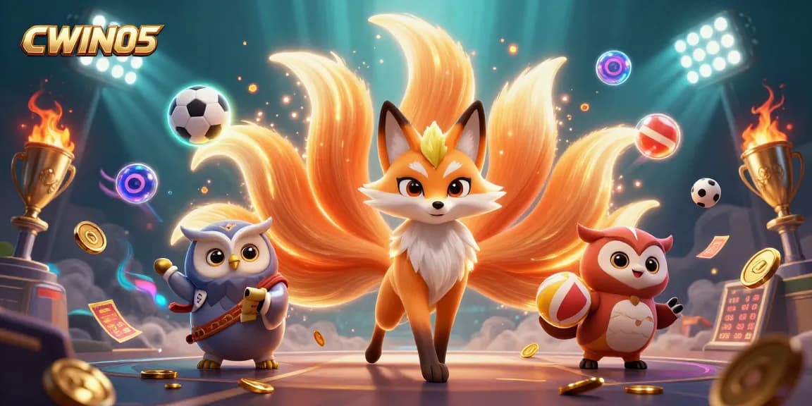 Exciting CWIN05 gaming scene with a glowing nine-tailed fox, wise owl, and vibrant sports balls in a casino backdrop.
