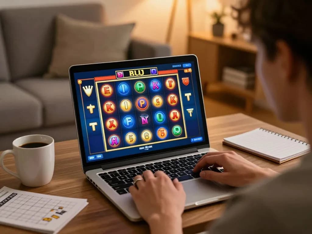 Playing exciting game at tic88 casino on a laptop in a cozy home setting