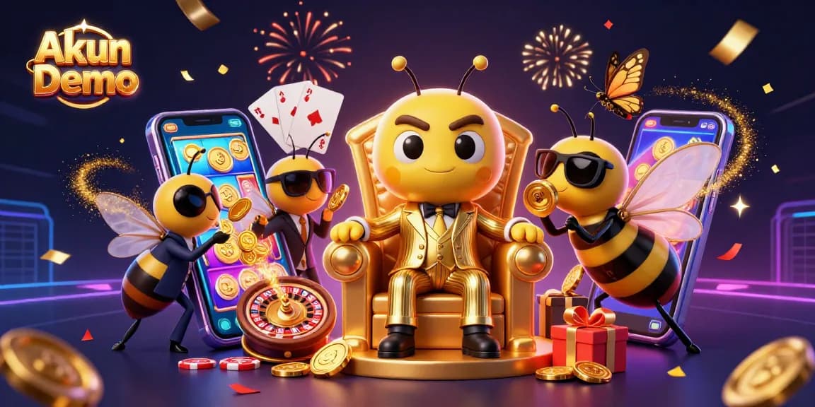 Experience winning with Akun Demo as the bumblebee mob boss and his entourage celebrate in a vibrant casino scene.