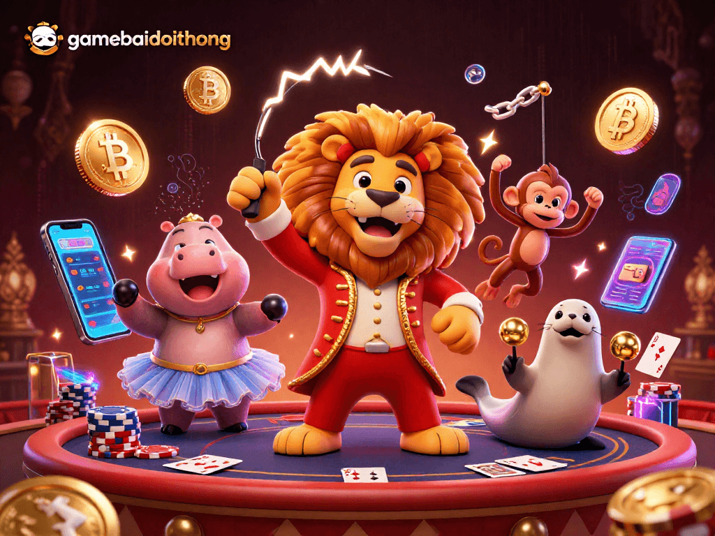 Engage with gamebaidoithuong's vibrant casino scene featuring characters and crypto elements.