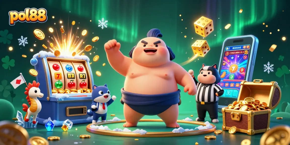 Menangkan jackpot pol88 dengan ilustrasi kasino 3D warna-warni dan karakter lucu.