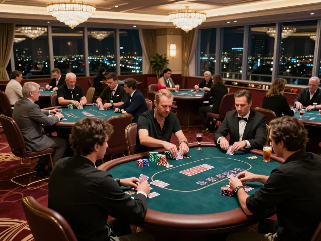 Players engaging in strategic poker gameplay at TR88 casino, showcasing chips and cards with an elegant atmosphere.