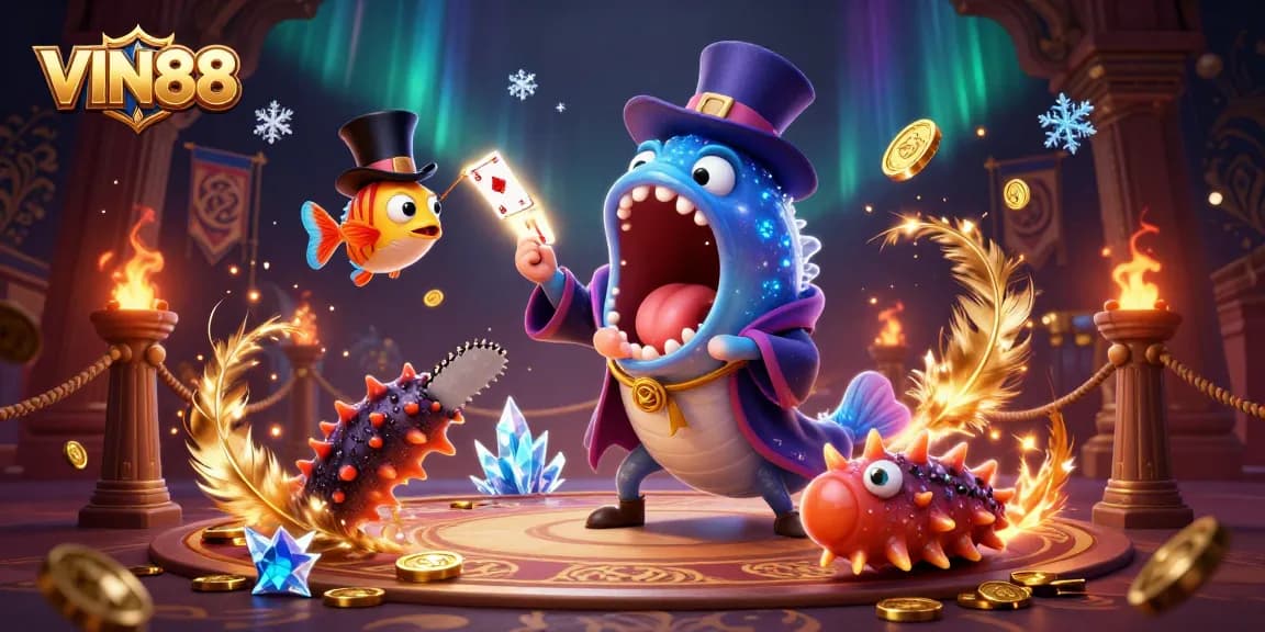 Experience the thrill of VIN88 with an enchanting magic act amidst vibrant casino elements.
