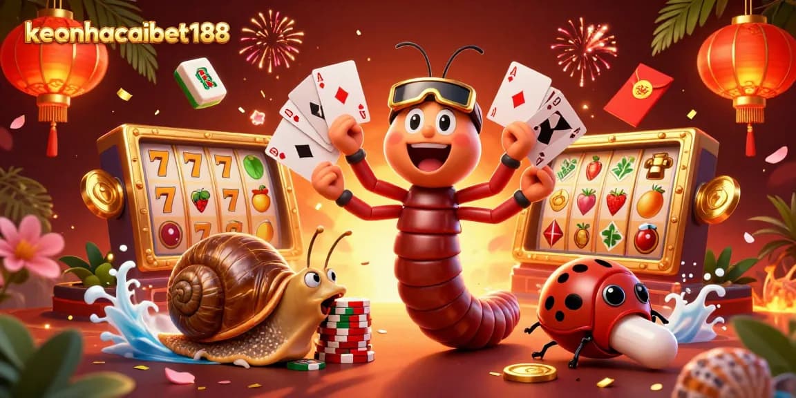 Engage with keonhacaibet188 in a vibrant casino scene featuring lively characters and slot elements.