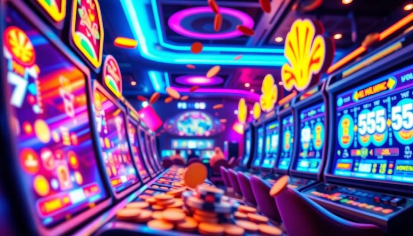 Experience the thrill of 555win in a dynamic online casino setting with vivid colors and engaging visuals.