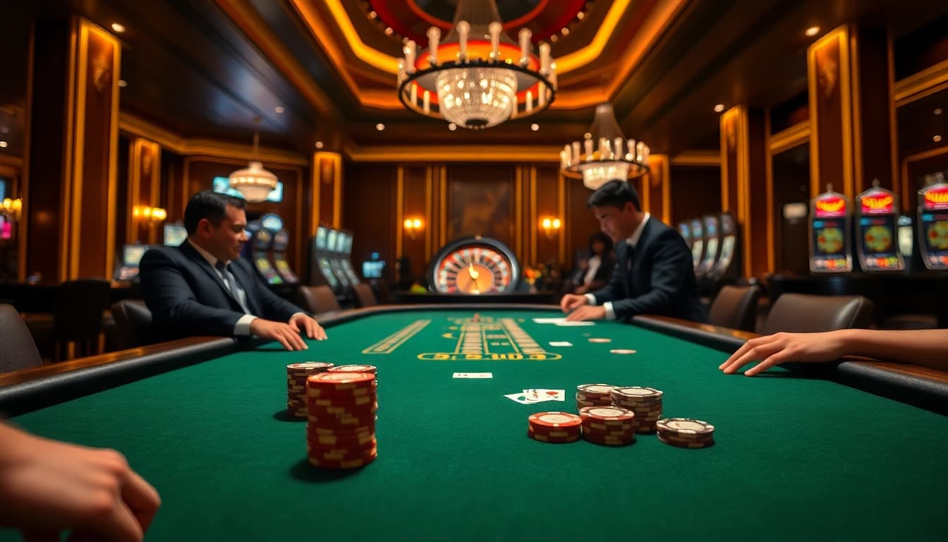Excited gamblers play poker at UU88’s luxurious casino table with dazzling chips and cards.