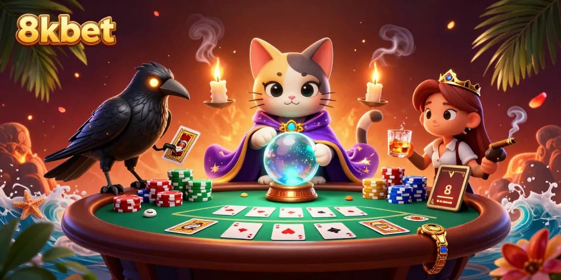 Experience vibrant gaming with 8xbet's mystical ambiance featuring poker and casino elements.
