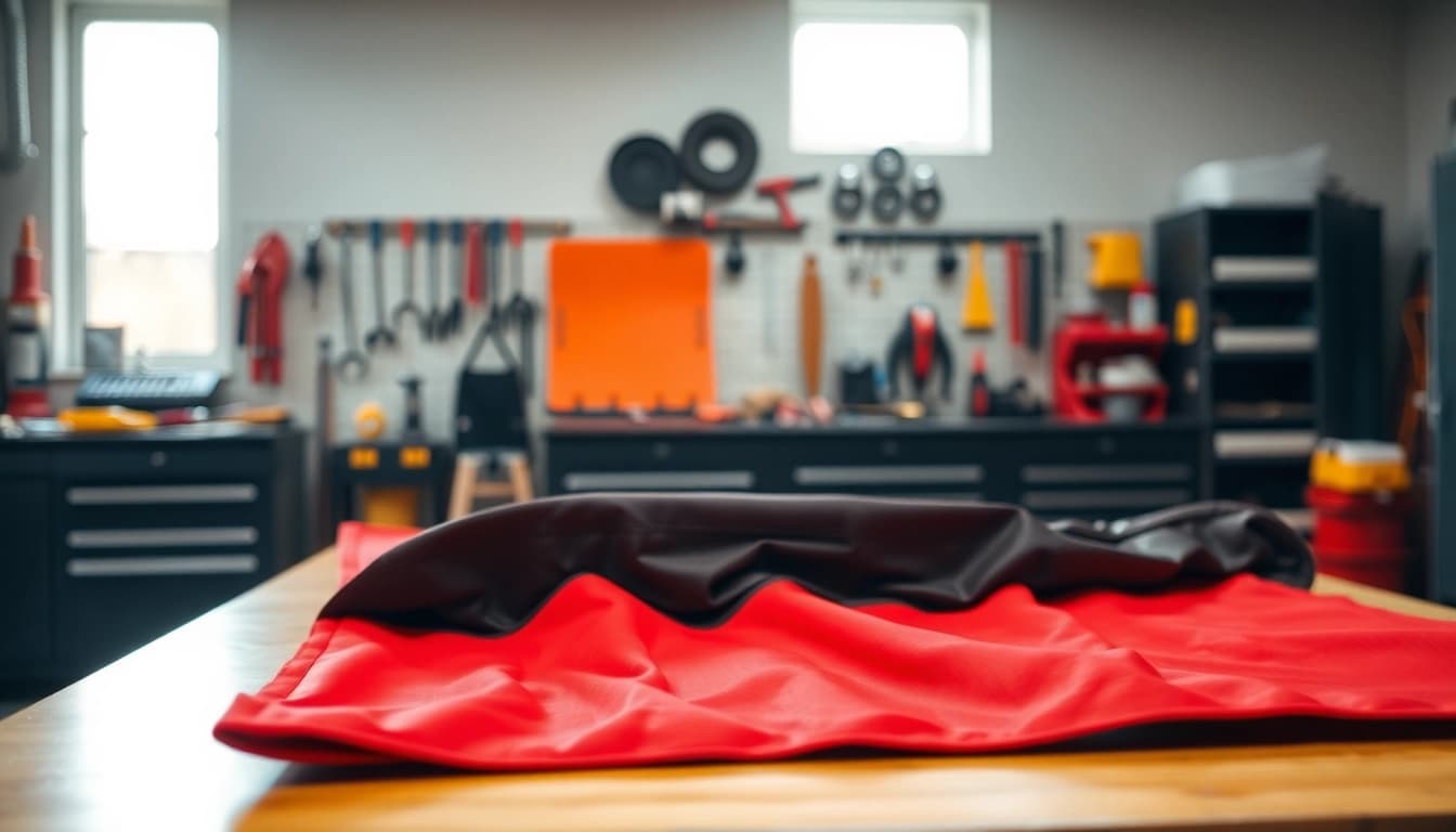 Secure your safety with a car fire blanket spread on a workbench in a bright garage.
