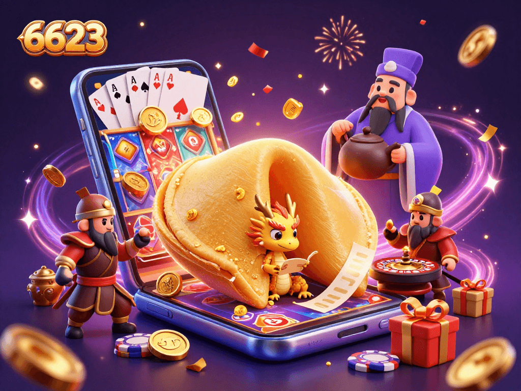 Engage with 6623's thrilling rewards in this vibrant 3D casino scene, filled with dynamic gaming elements.