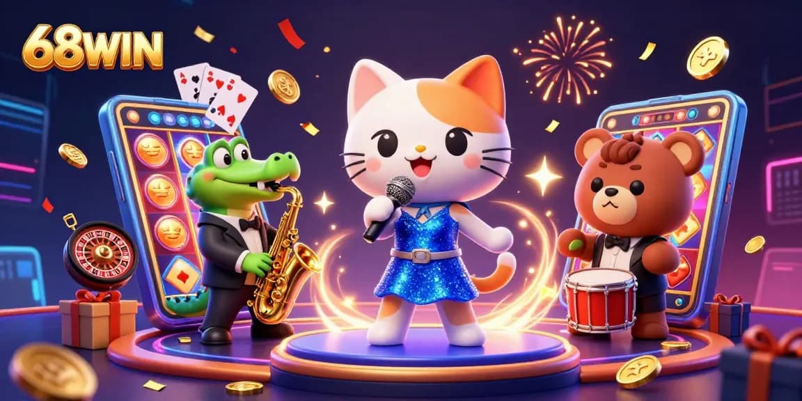 Experience the excitement of 68WIN with a vibrant casino illustration featuring animated characters and game elements.
