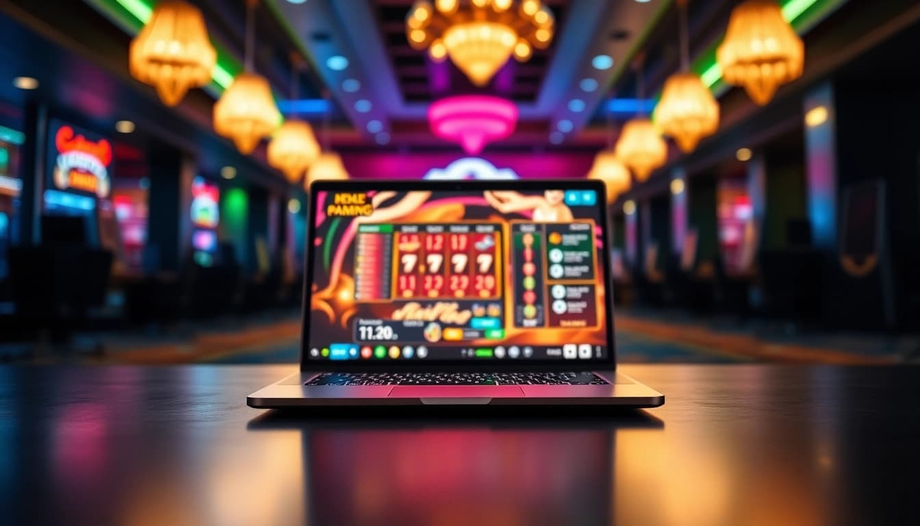 Masuk ke KEY4D LOGIN di laptop modern dalam suasana kasino yang semarak.