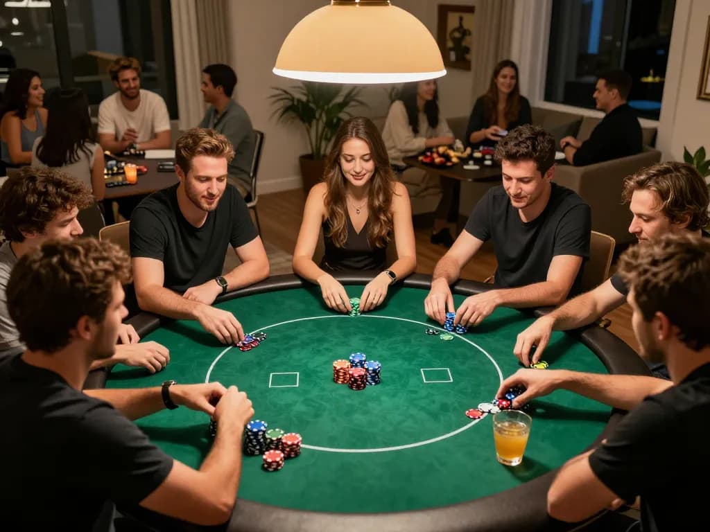 Socolive players enjoying an engaging home poker game night with vibrant chips and snacks
