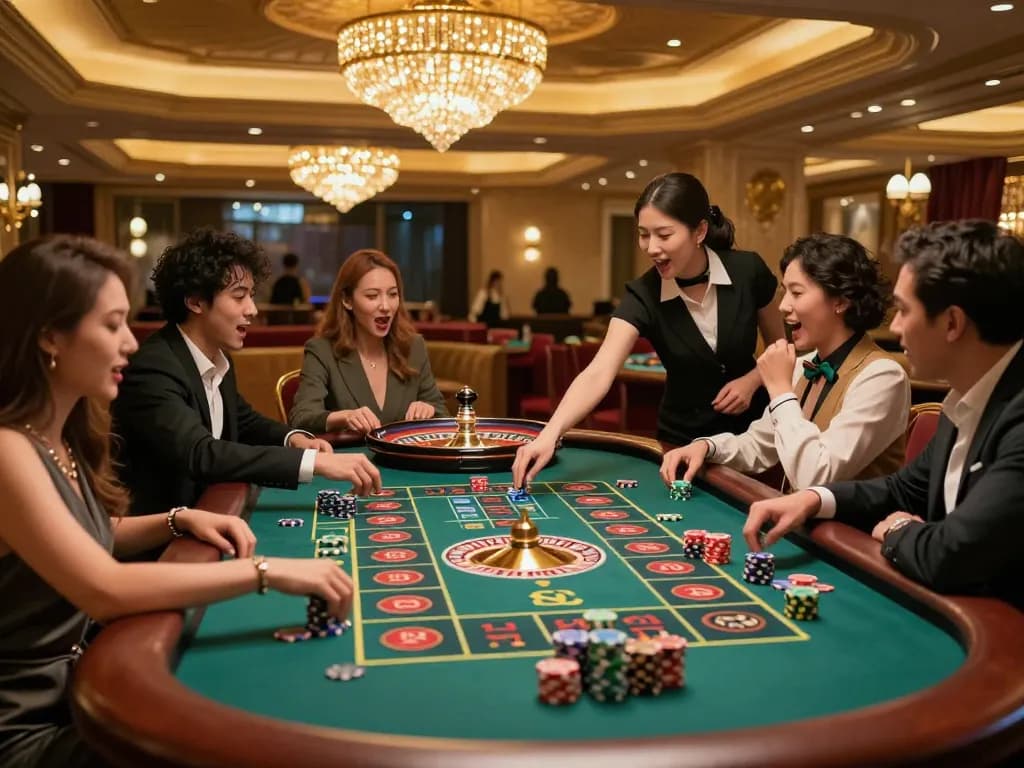 Experience the excitement of roulette at https://88vv1.co.com/ with players engaged and colorful chips in action.