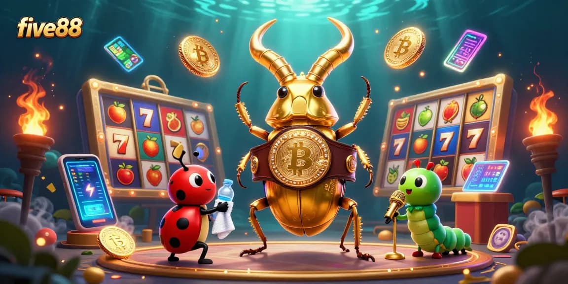 Win at five88 with an epic illustration of slot games, showcasing vibrant characters and elements.